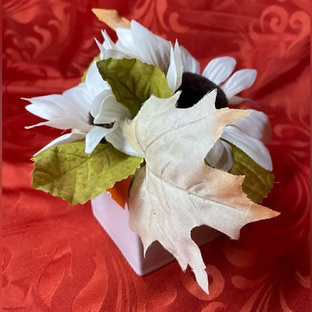 3” NEW! White Sunflower Floral Arrangement Mini White Square Floral Cont…